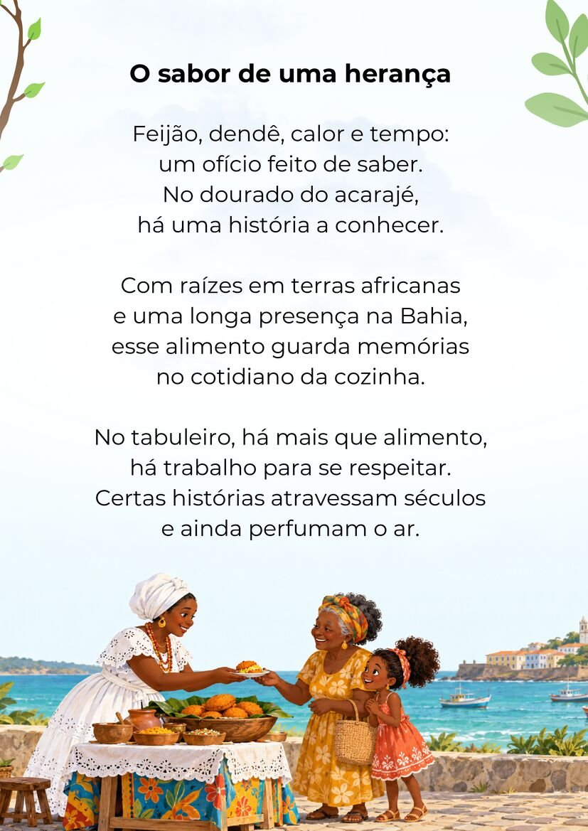 Poema O sabor de uma herança, com uma baiana servindo acarajé a uma mulher e uma criança junto ao tabuleiro.